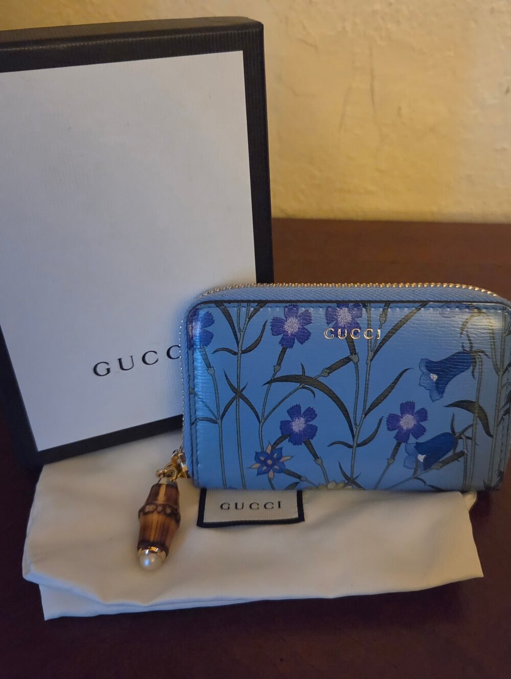 Gucci Nymphae Flora Azure Blue Leather Small Zip Wallet